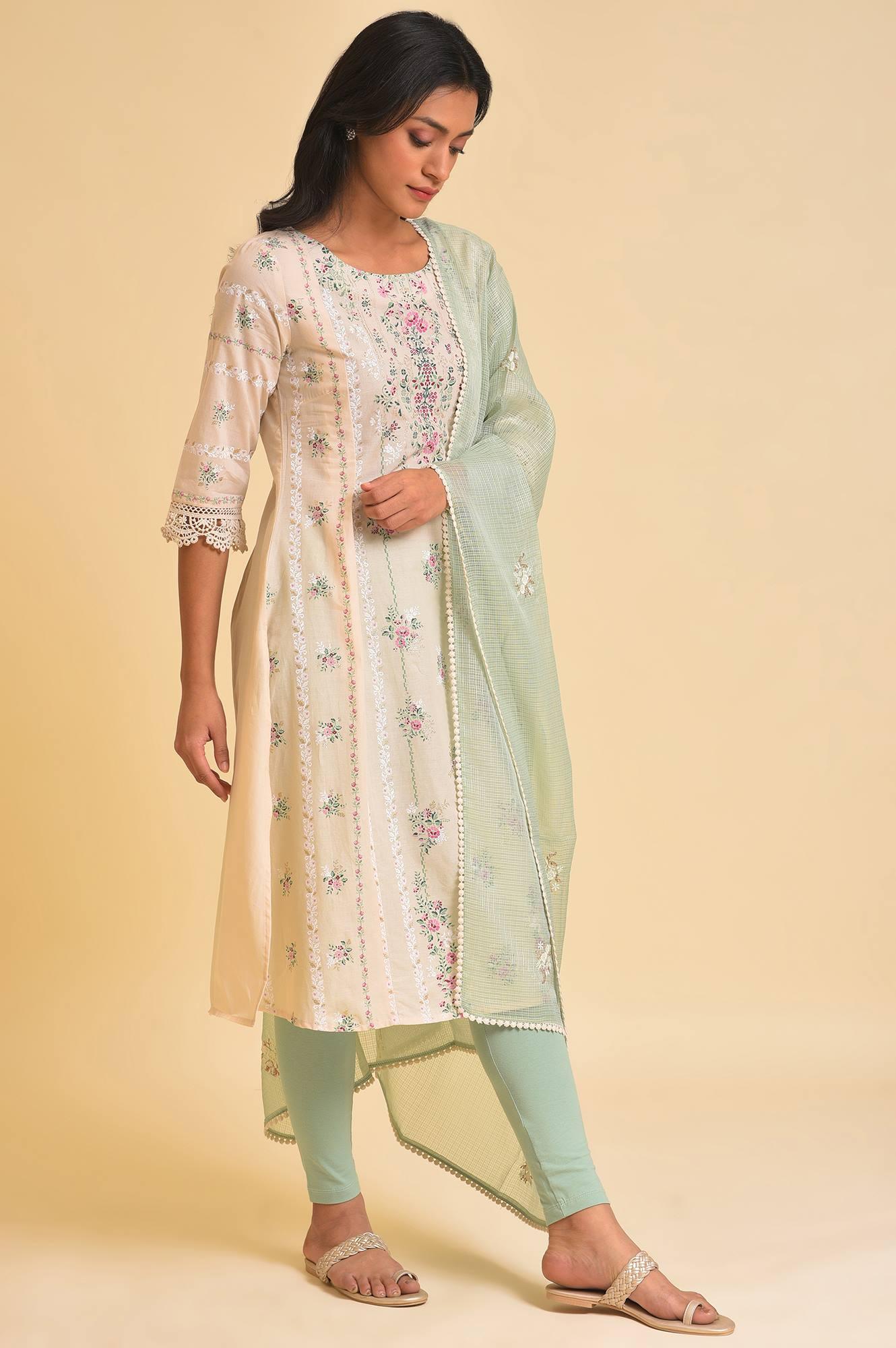 Beige Floral Print kurta, Tights &amp; Dupatta Set - wforwoman