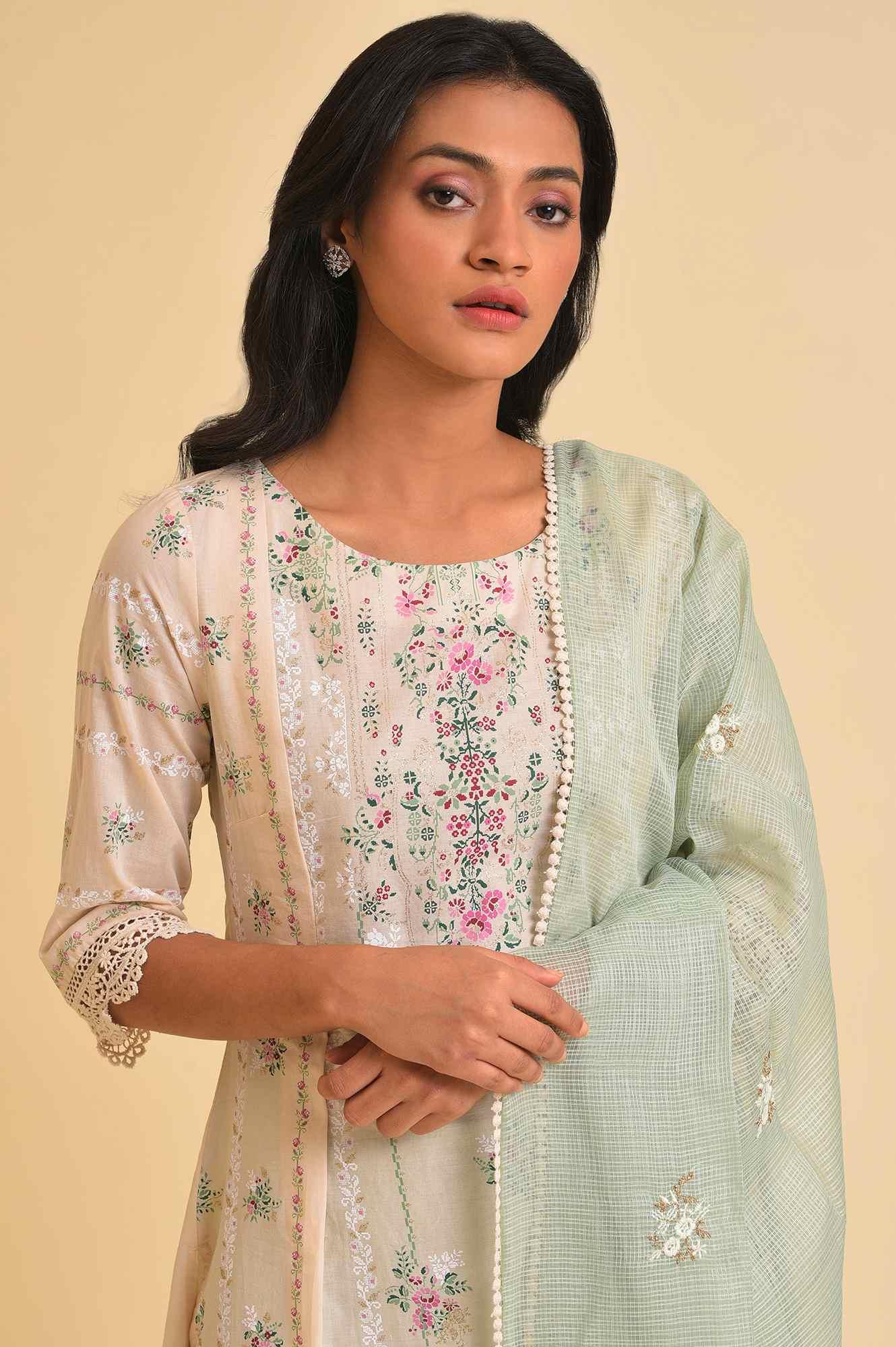 Beige Floral Print kurta, Tights &amp; Dupatta Set - wforwoman