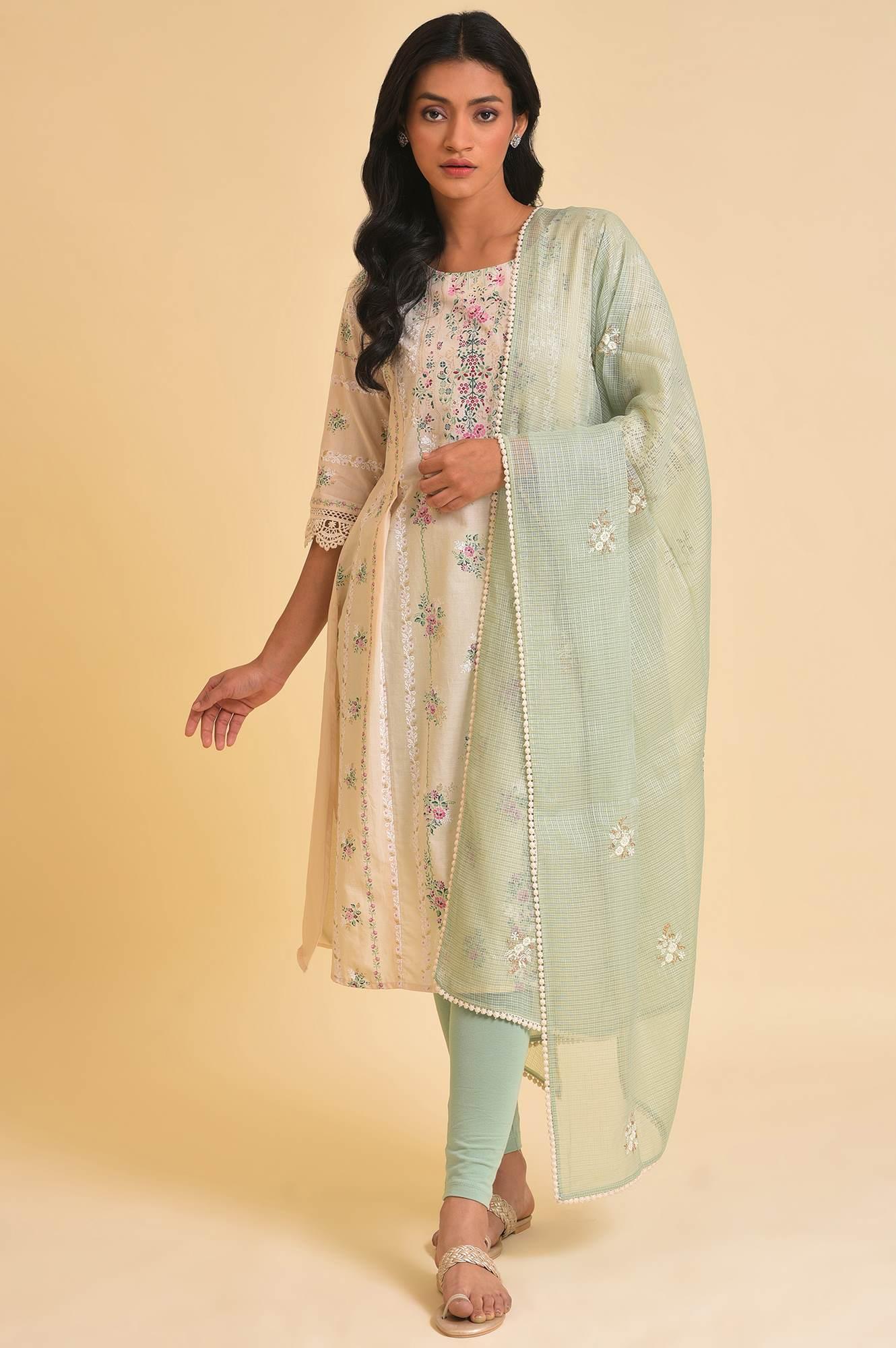 Beige Floral Print kurta, Tights &amp; Dupatta Set - wforwoman