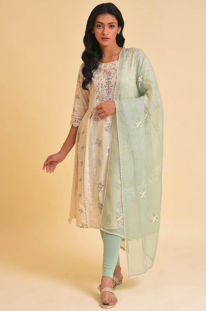 Beige Floral Print kurta, Tights &amp; Dupatta Set - wforwoman