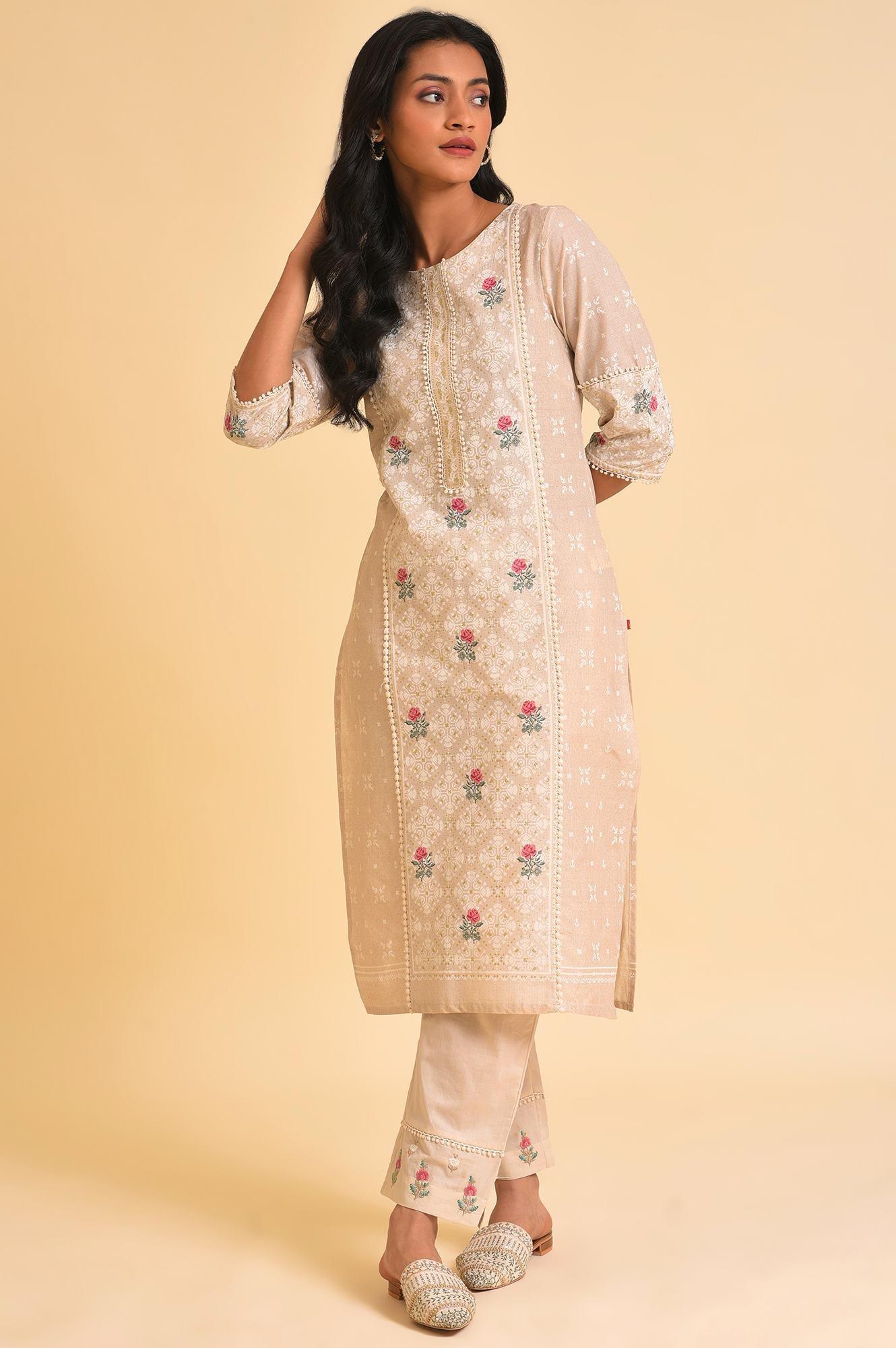 Beige Glitter Printed kurta &amp; Pants Set - wforwoman