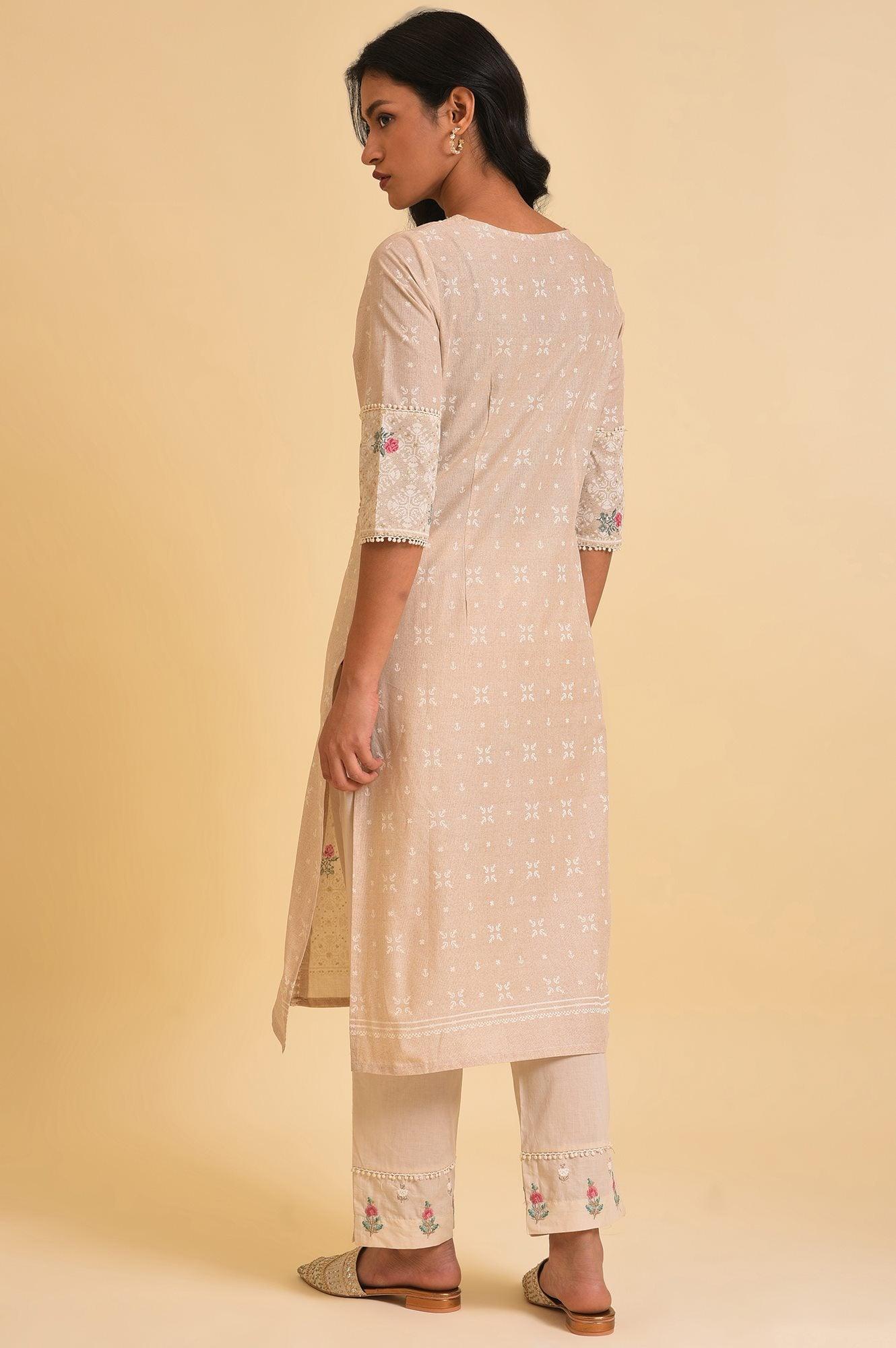 Beige Glitter Printed kurta &amp; Pants Set - wforwoman