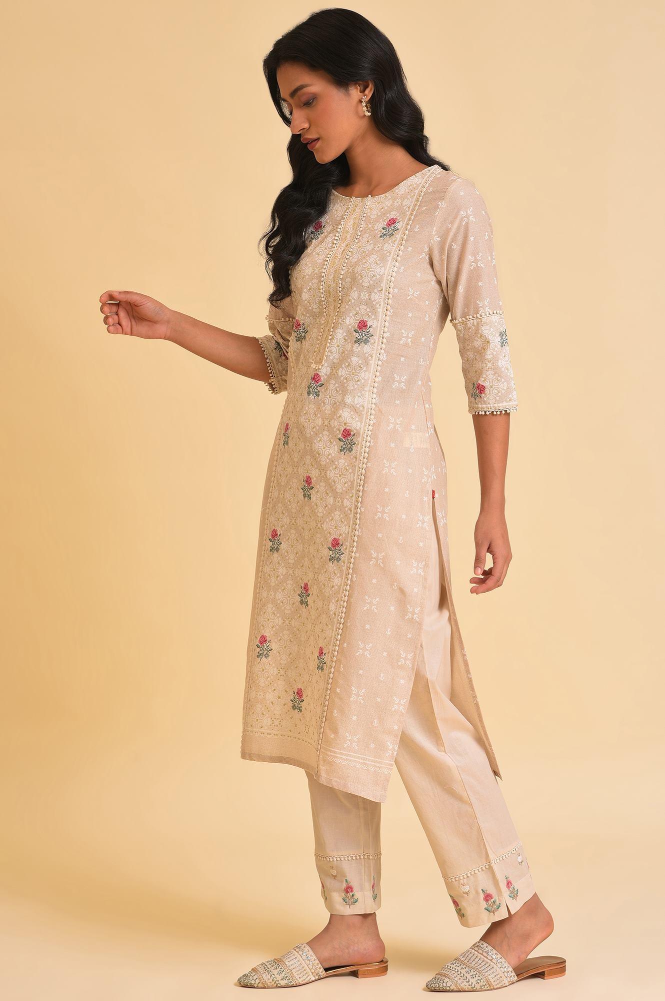 Beige Glitter Printed kurta &amp; Pants Set - wforwoman