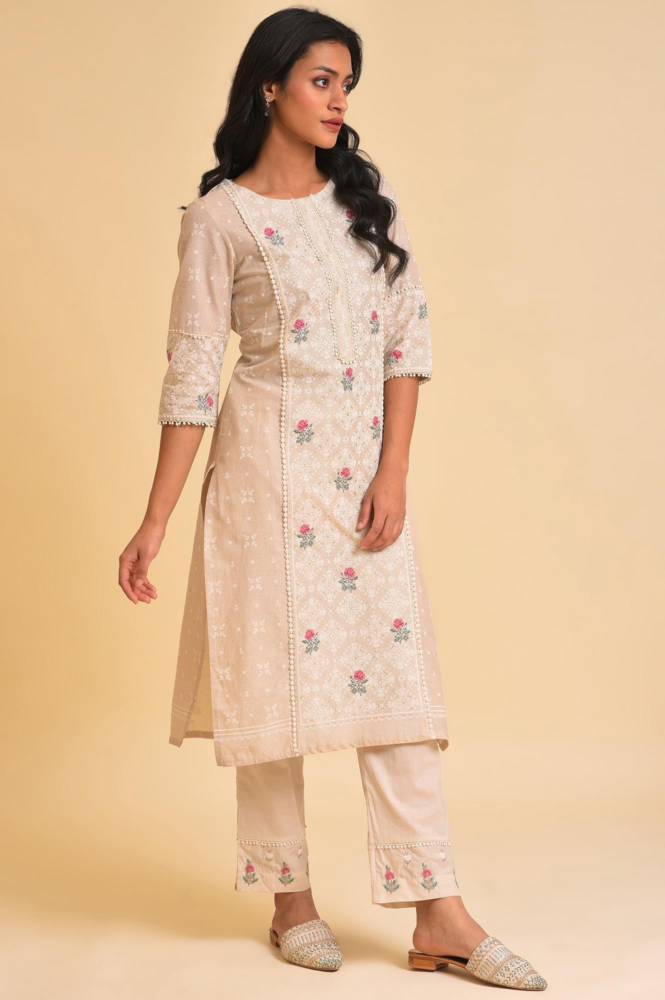 Beige Glitter Printed kurta &amp; Pants Set - wforwoman