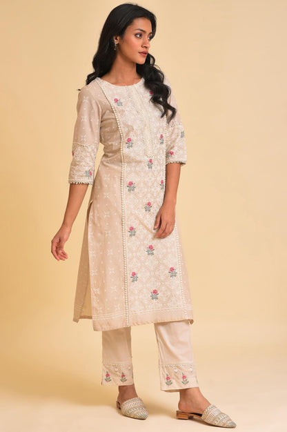 Beige Glitter Printed kurta &amp; Pants Set - wforwoman