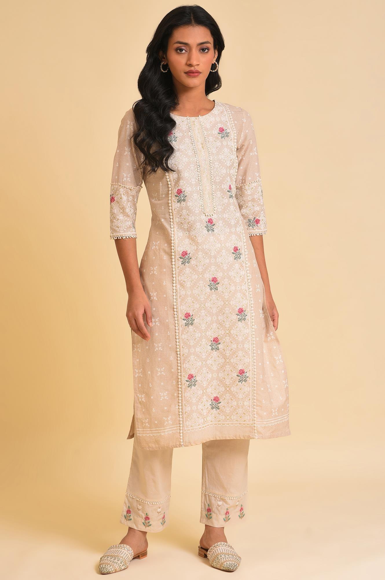 Beige Glitter Printed kurta &amp; Pants Set - wforwoman