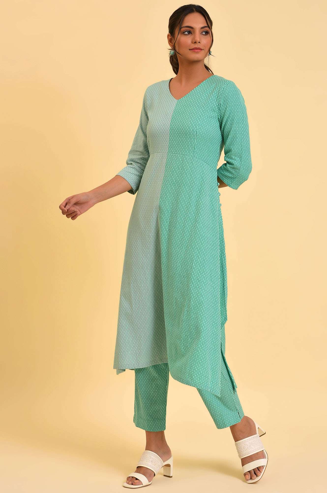 Light Green Tone Cotton kurta &amp; Slim Pants Co-Ord Set