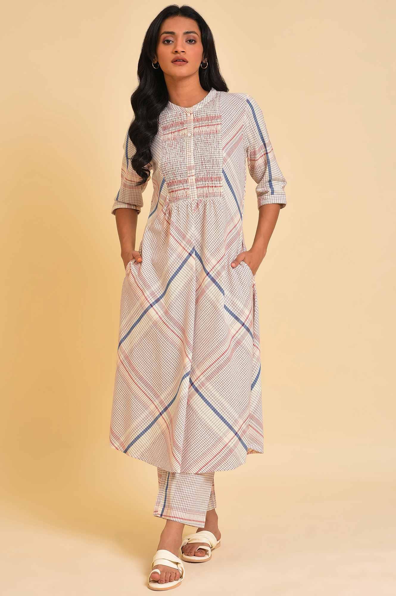 Ecru Bold Checks A-Line kurta &amp; Pants Co-Ord Set - wforwoman