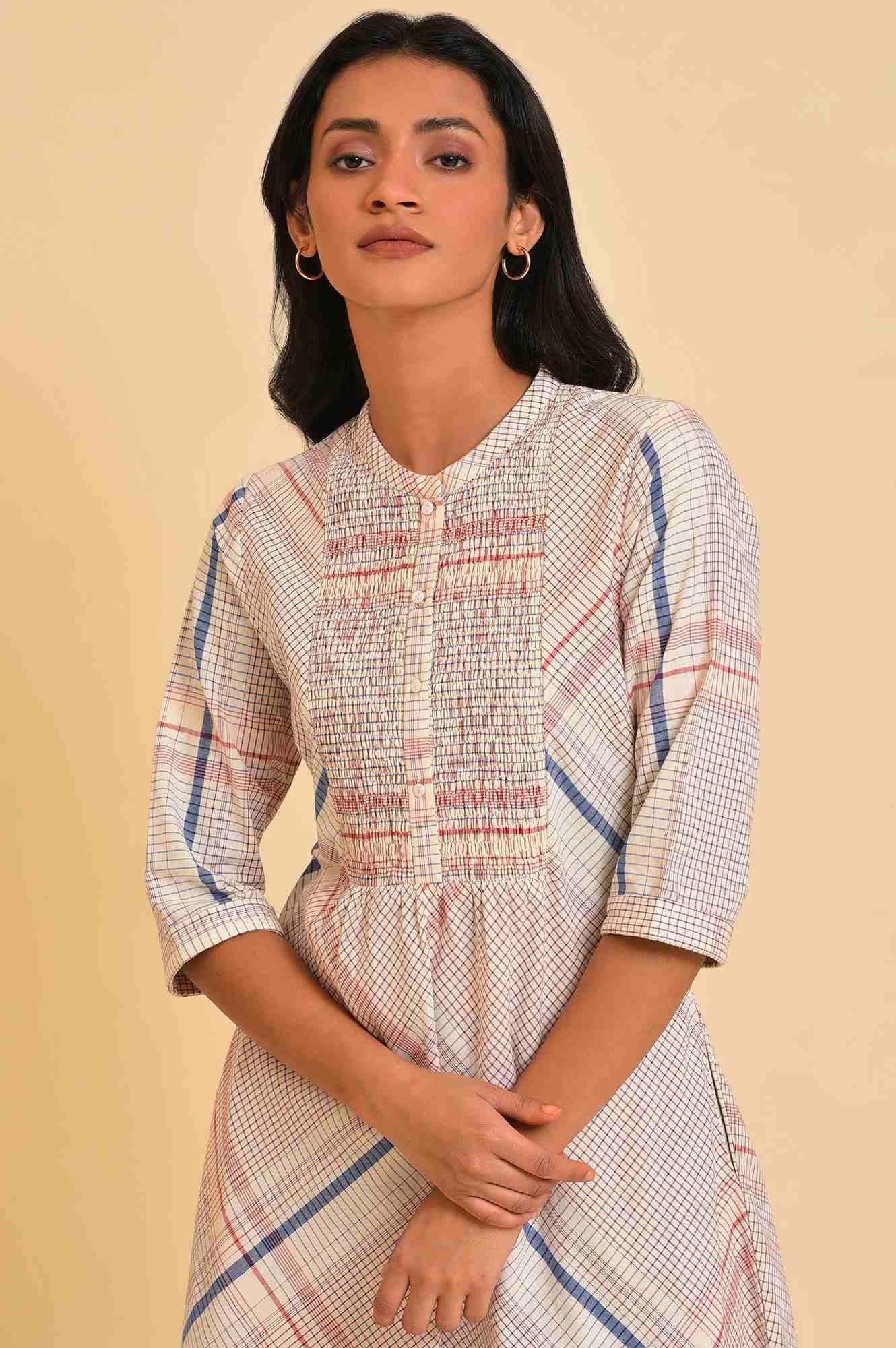 Ecru Bold Checks A-Line kurta &amp; Pants Co-Ord Set - wforwoman