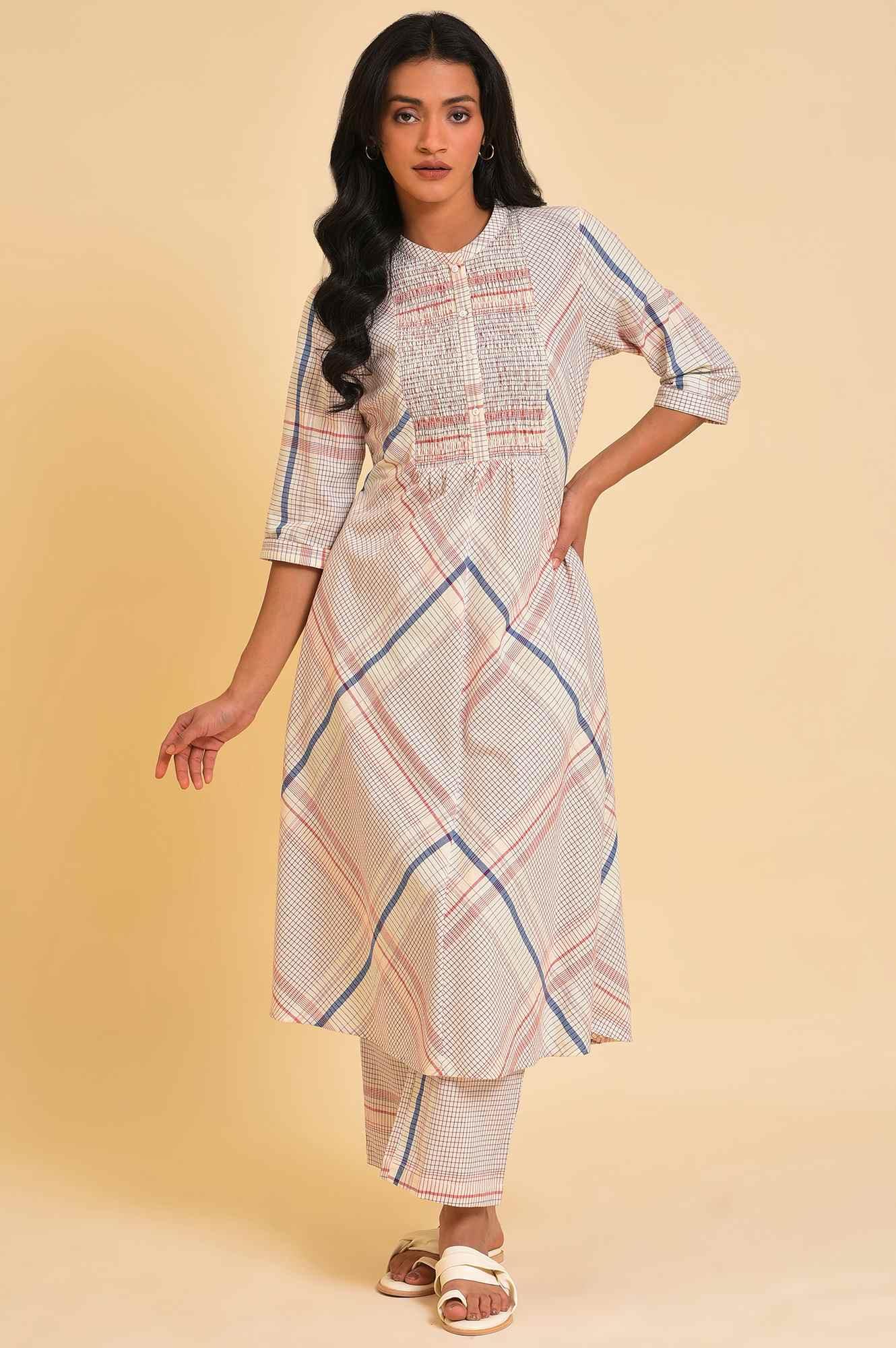 Ecru Bold Checks A-Line kurta &amp; Pants Co-Ord Set - wforwoman