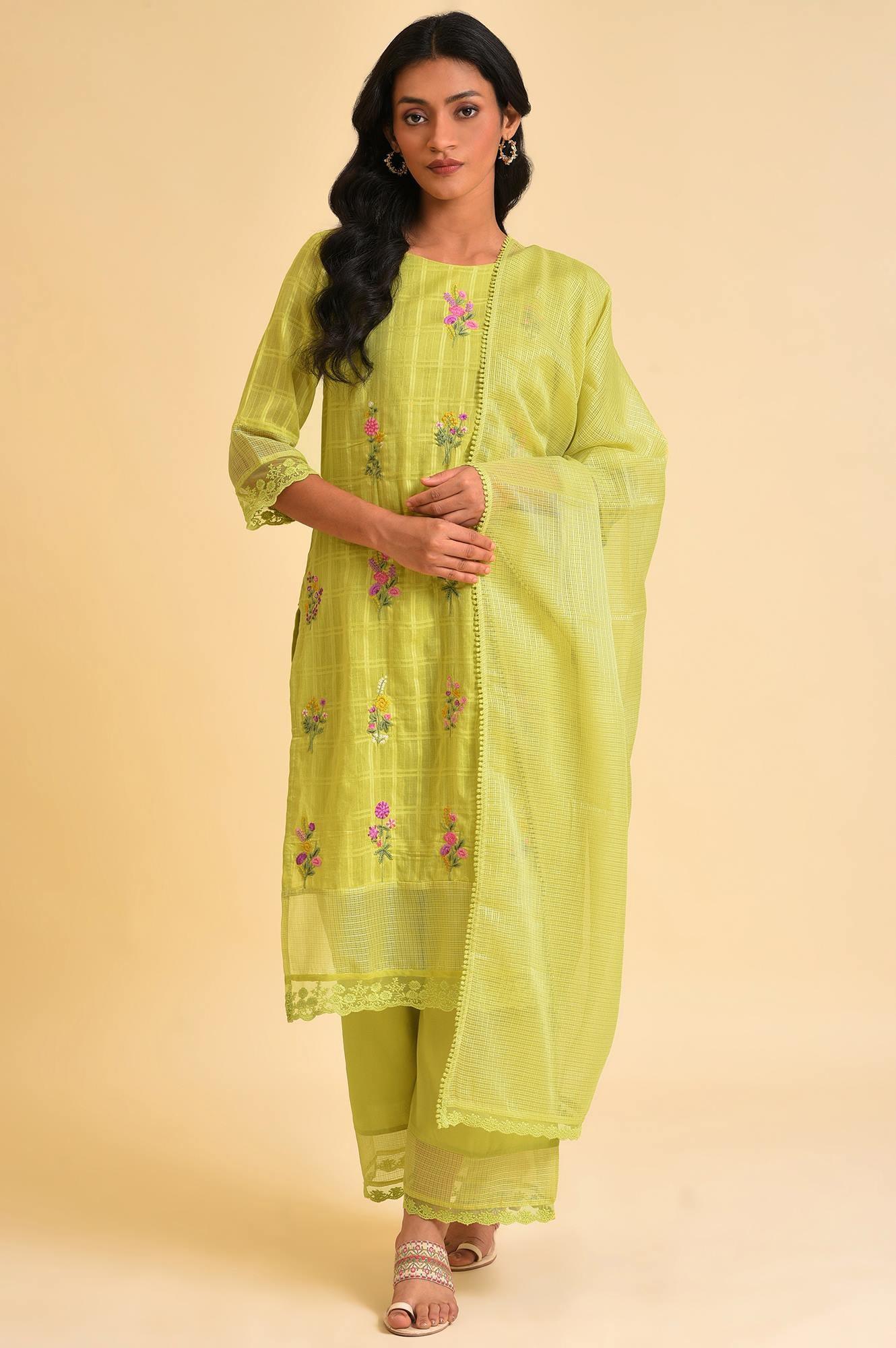 Plus Size Light Green Textured Cotton Embroidered kurta, Parallel Pants &amp; Dupatta Set - wforwoman