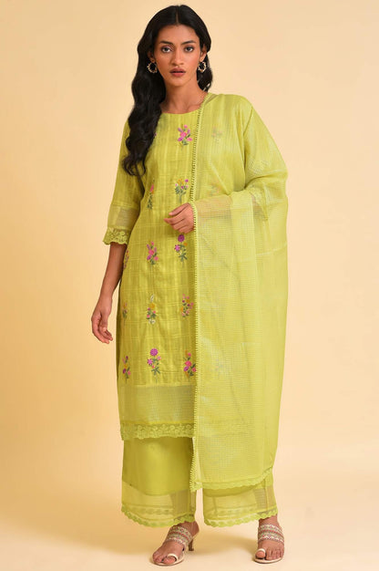 Plus Size Light Green Textured Cotton Embroidered kurta, Parallel Pants &amp; Dupatta Set - wforwoman