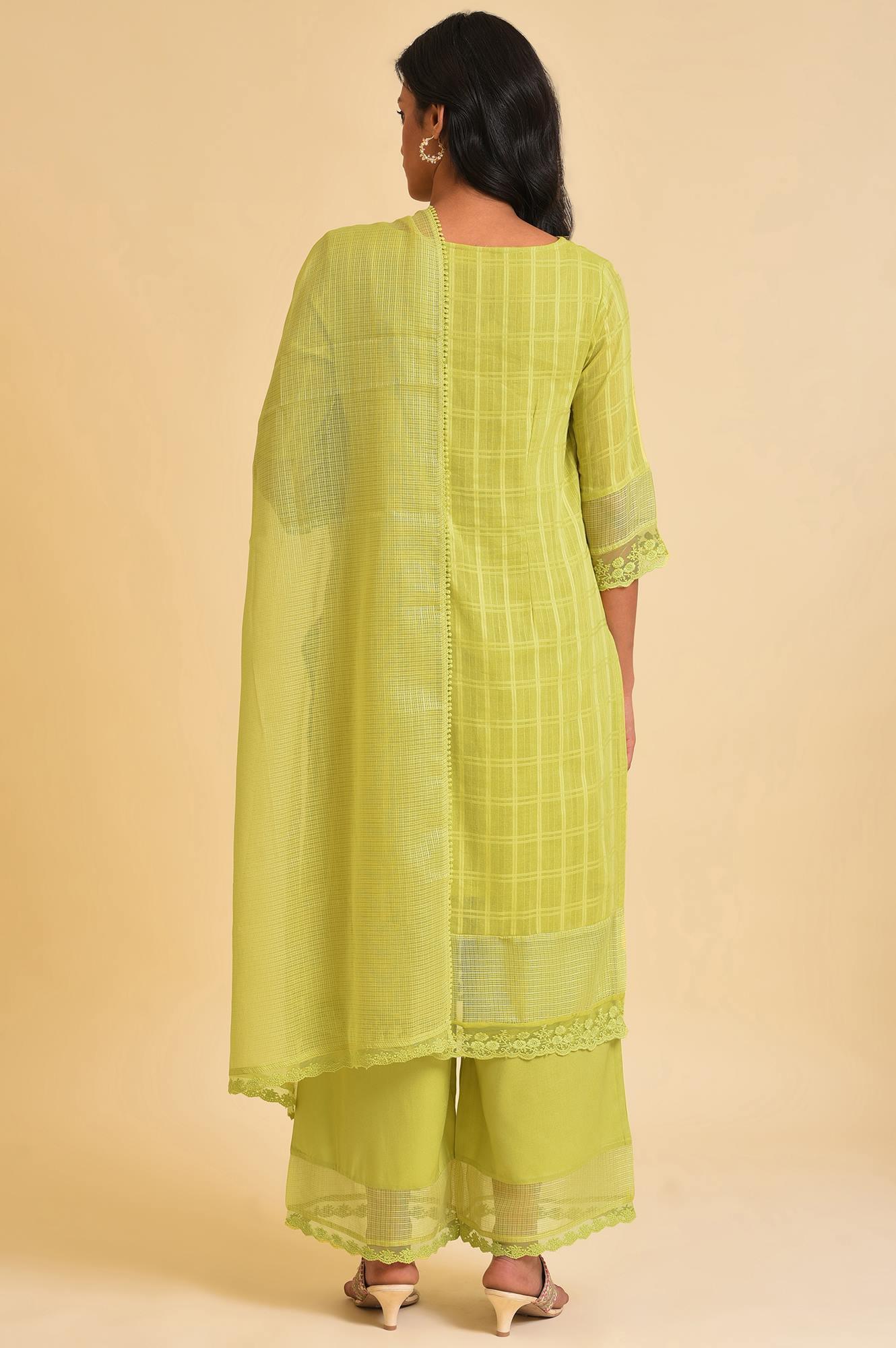 Plus Size Light Green Textured Cotton Embroidered kurta, Parallel Pants &amp; Dupatta Set - wforwoman