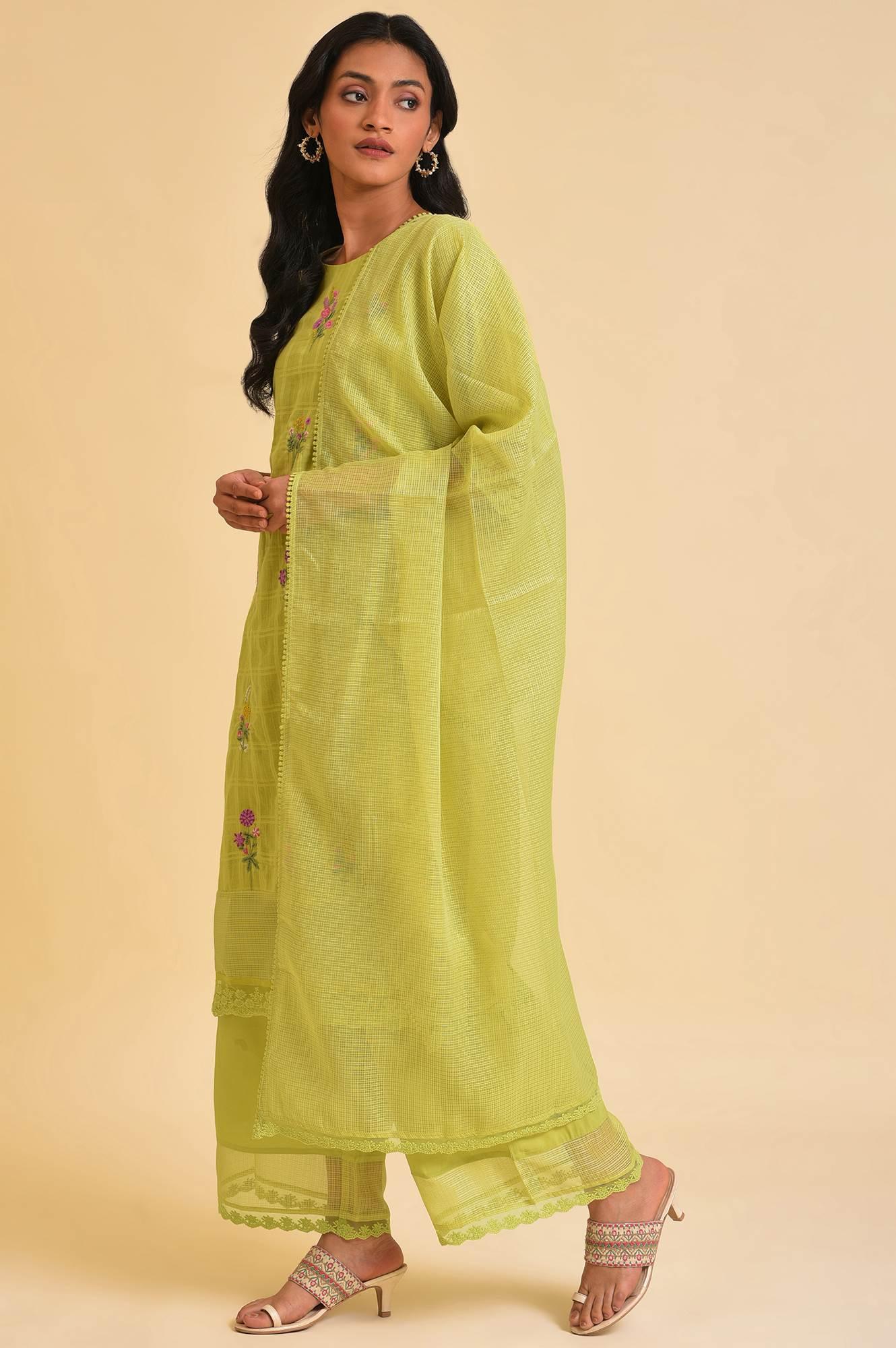Light Green Textured Cotton Embroidered kurta, Parallel Pants &amp; Dupatta Set - wforwoman
