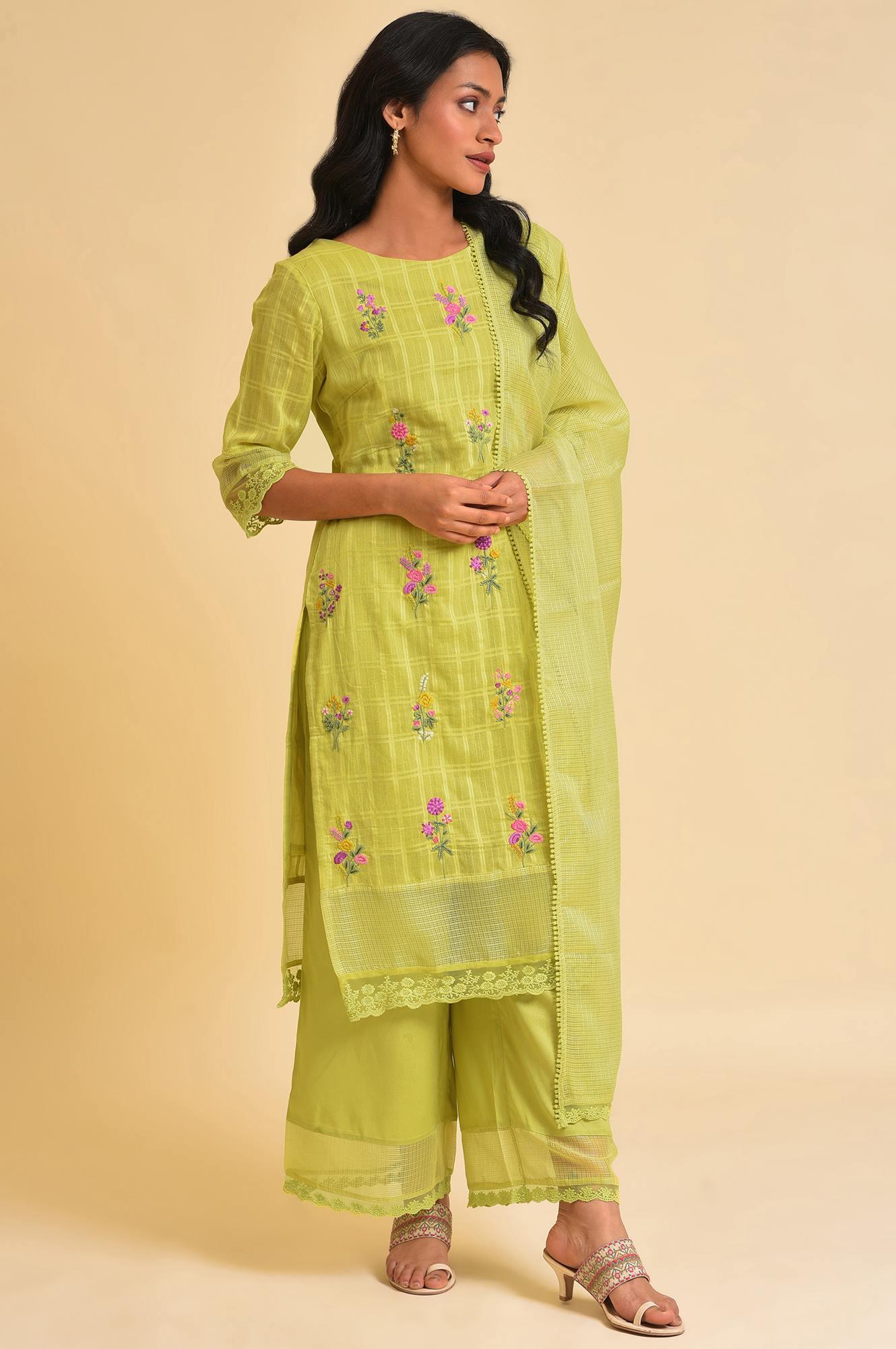 Plus Size Light Green Textured Cotton Embroidered kurta, Parallel Pants &amp; Dupatta Set - wforwoman