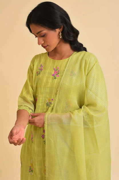 Plus Size Light Green Textured Cotton Embroidered kurta, Parallel Pants &amp; Dupatta Set - wforwoman