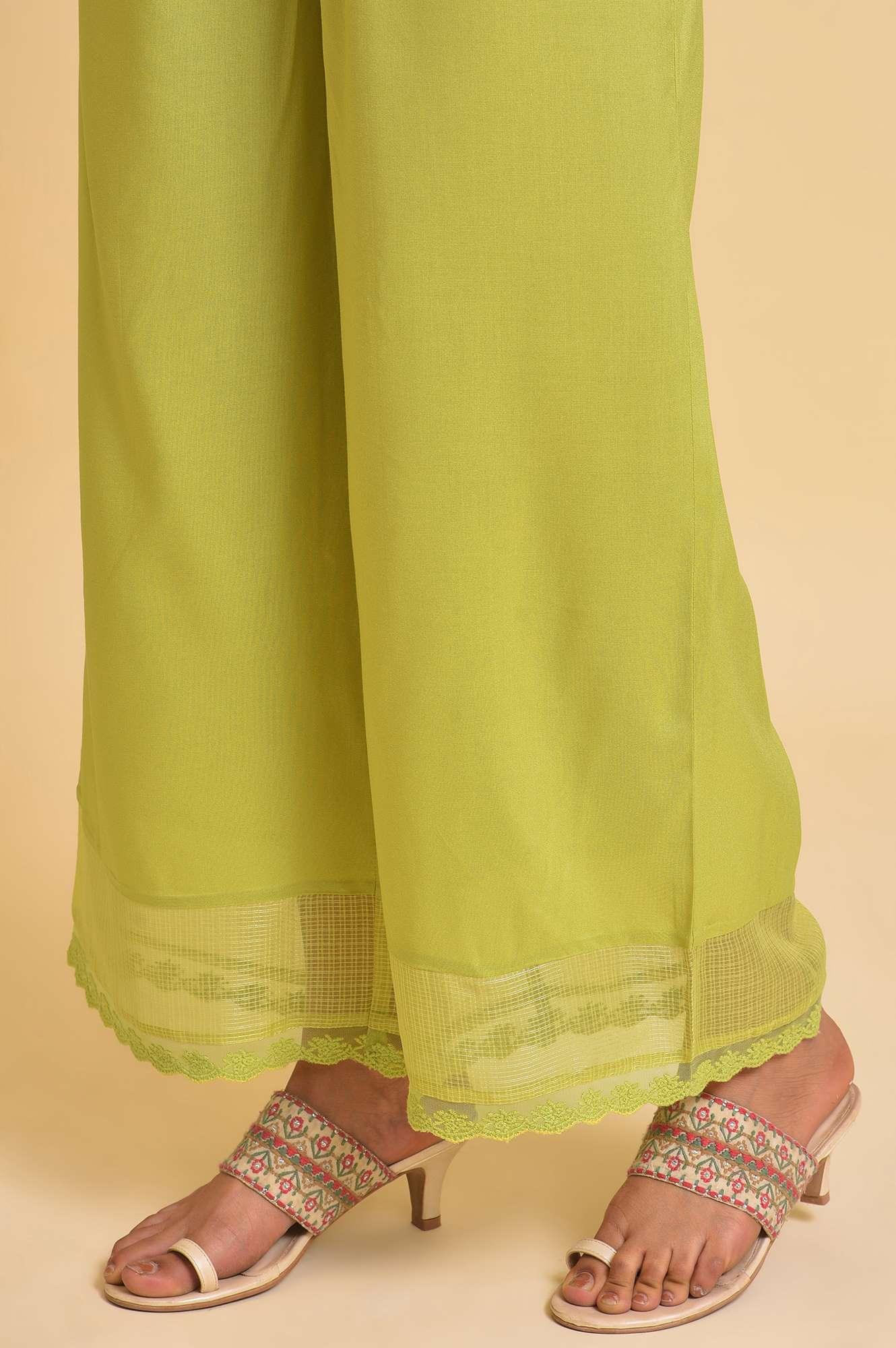 Plus Size Light Green Textured Cotton Embroidered kurta, Parallel Pants &amp; Dupatta Set - wforwoman