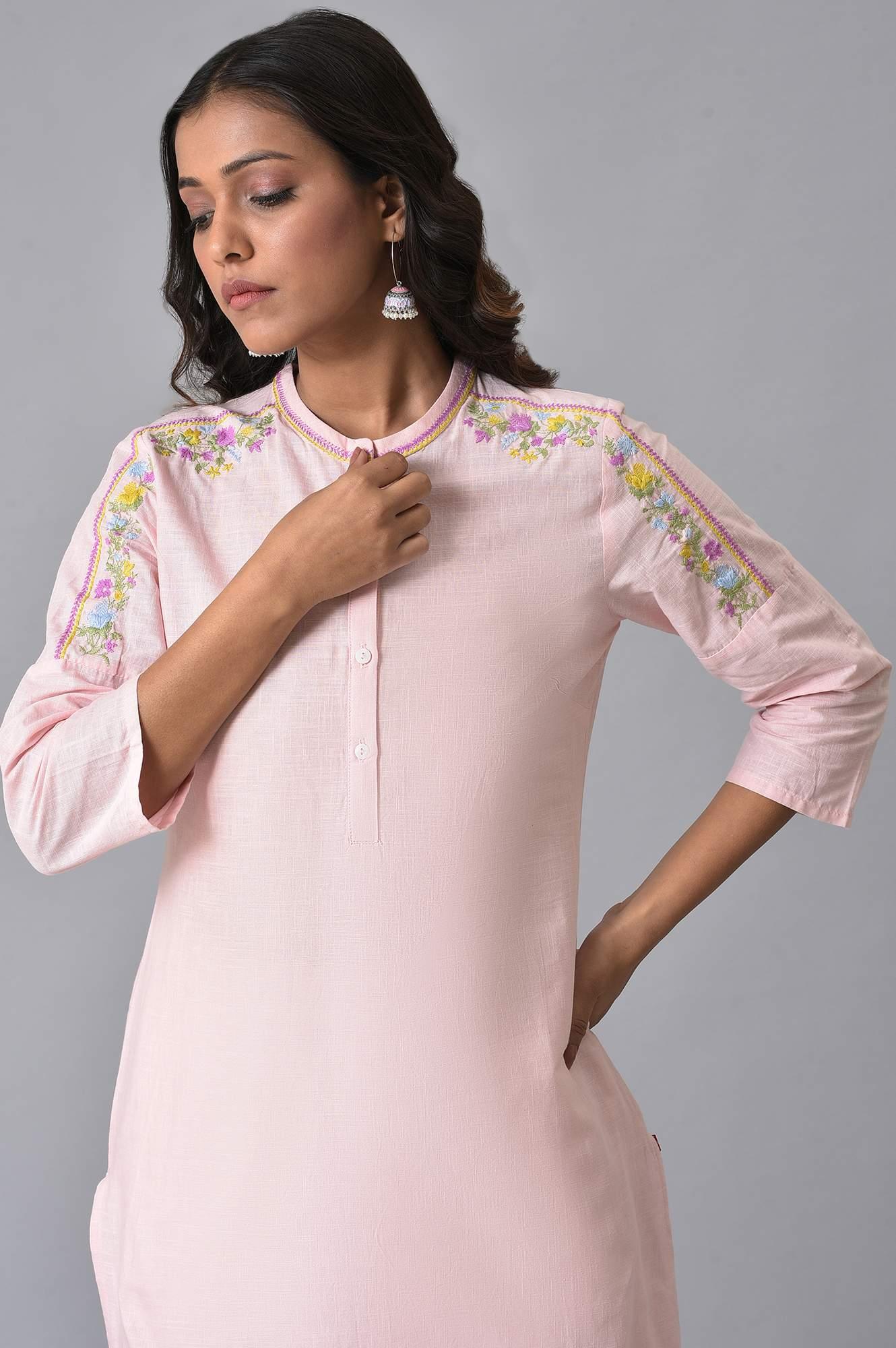 Light Pink Mandarin Collar Embroidered kurta Set - wforwoman