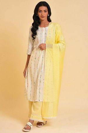 White Printed Straight Kurta, Parallel Pants And Dupatta Set - wforwoman