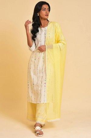 White Printed Straight Kurta, Parallel Pants And Dupatta Set - wforwoman