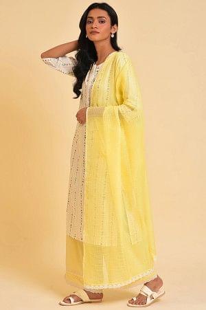 White Printed Straight Kurta, Parallel Pants And Dupatta Set - wforwoman