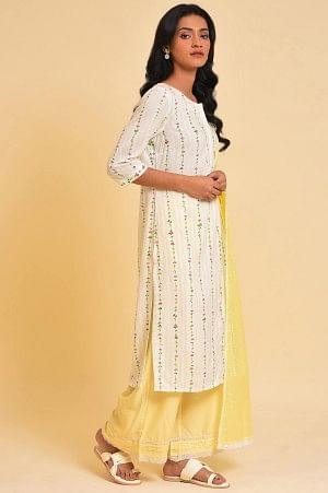 White Printed Straight Kurta, Parallel Pants And Dupatta Set - wforwoman