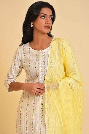 White Printed Straight Kurta, Parallel Pants And Dupatta Set - wforwoman