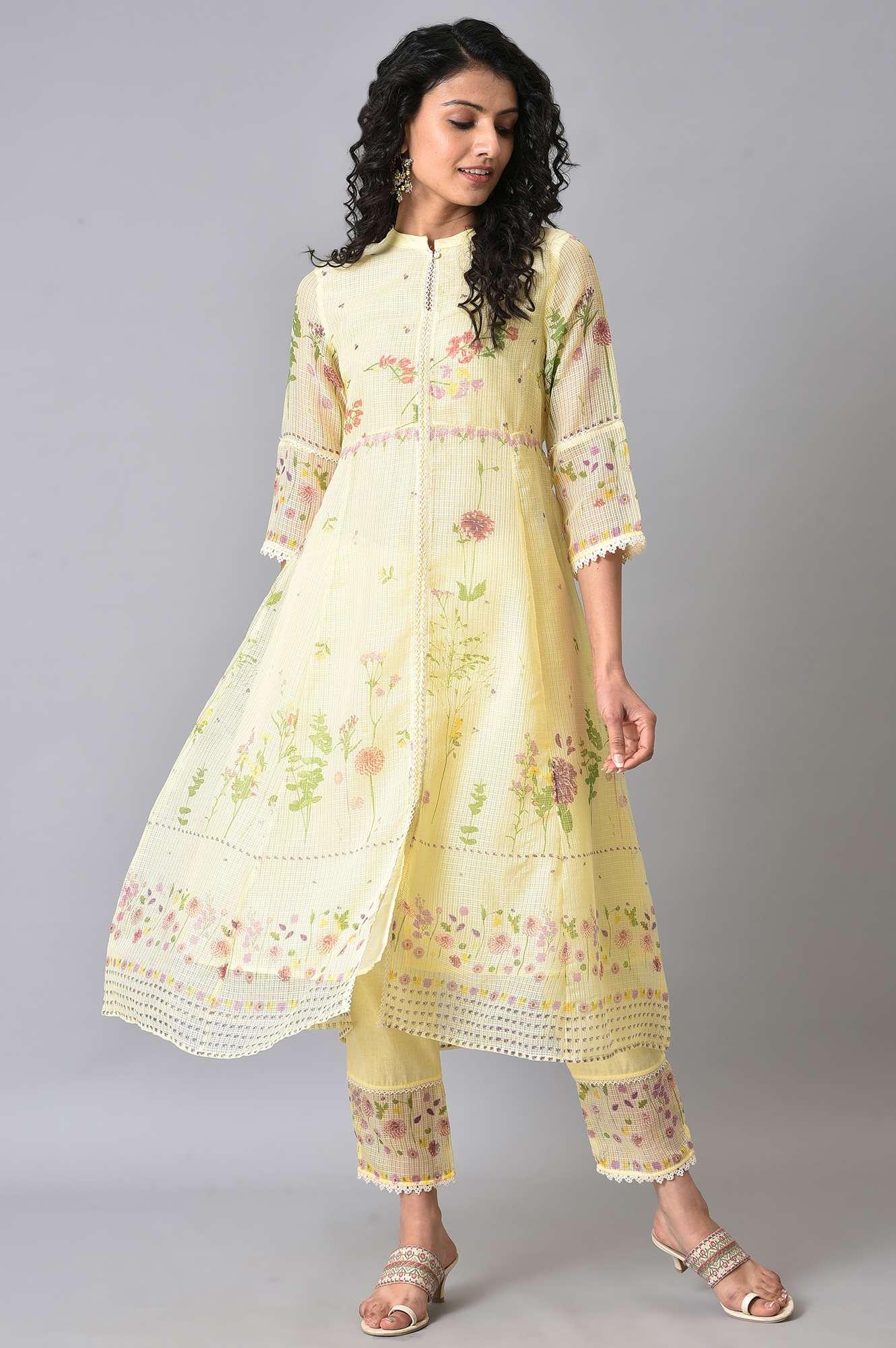 Yellow Floral Printed Plus Size kurta Set - wforwoman