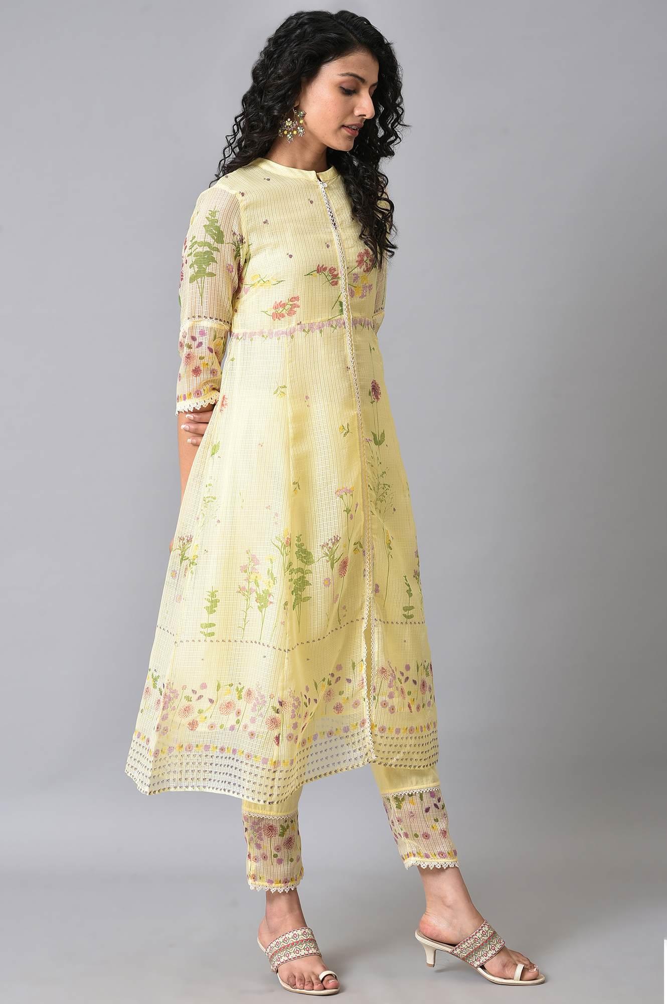 Yellow Floral Printed Plus Size kurta Set - wforwoman