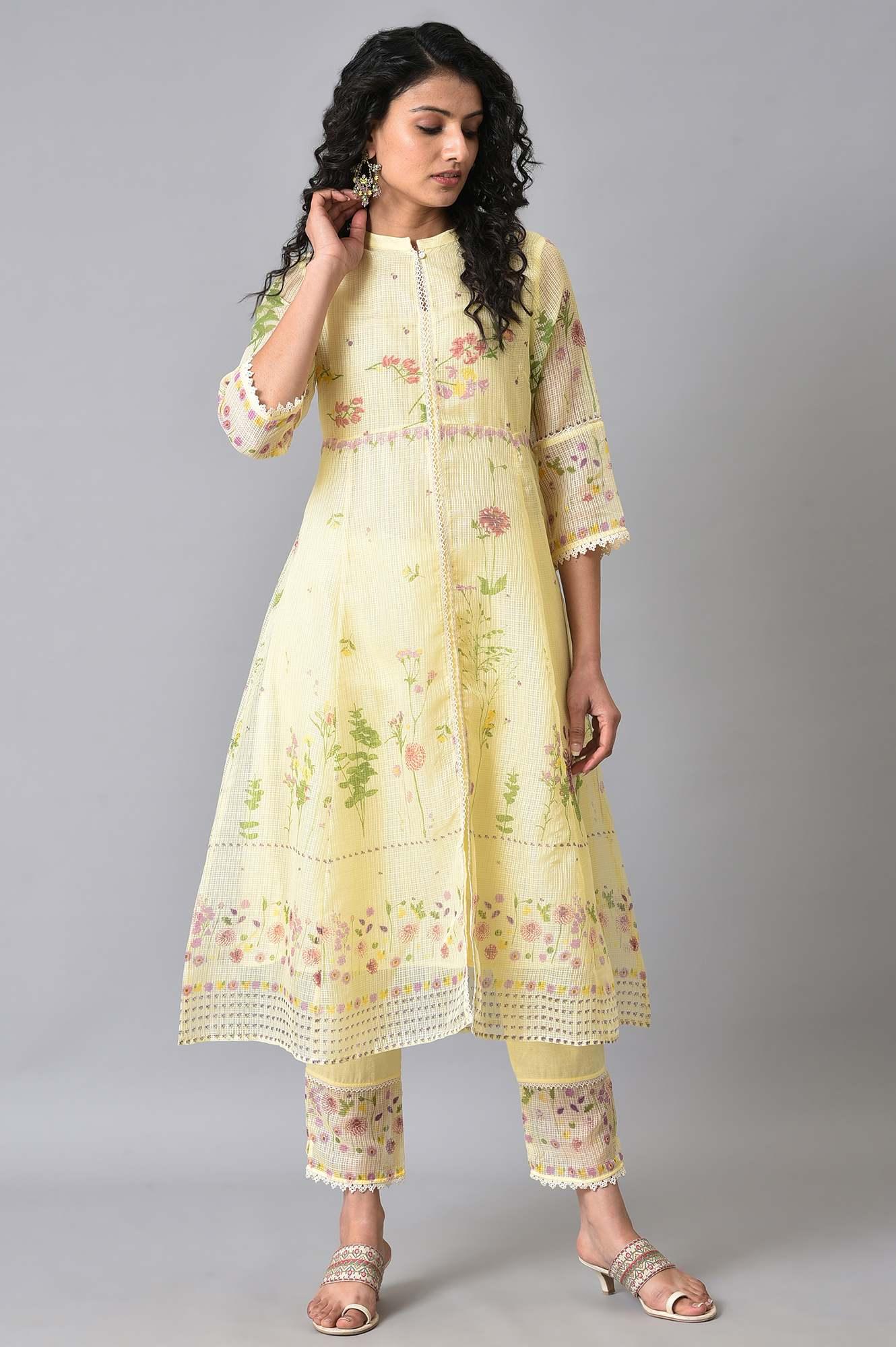 Yellow Floral Printed Plus Size kurta Set - wforwoman