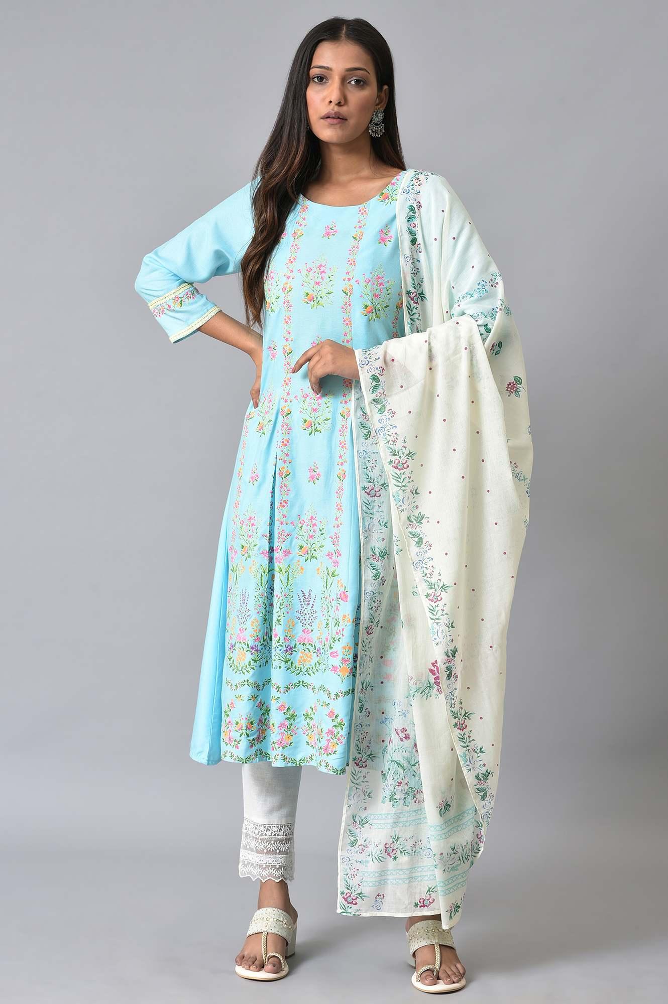 Blue Floral Printed Pleated kurta Set - wforwoman