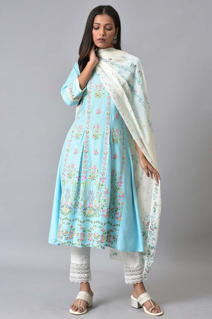 Blue Floral Printed Pleated kurta Set - wforwoman