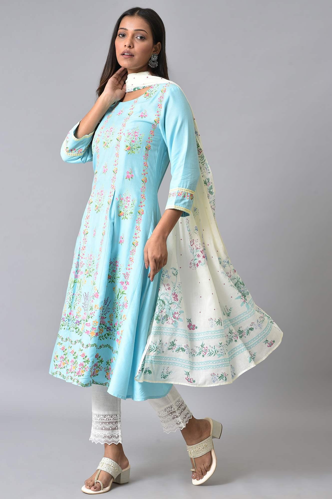 Blue Floral Printed Pleated kurta Set - wforwoman