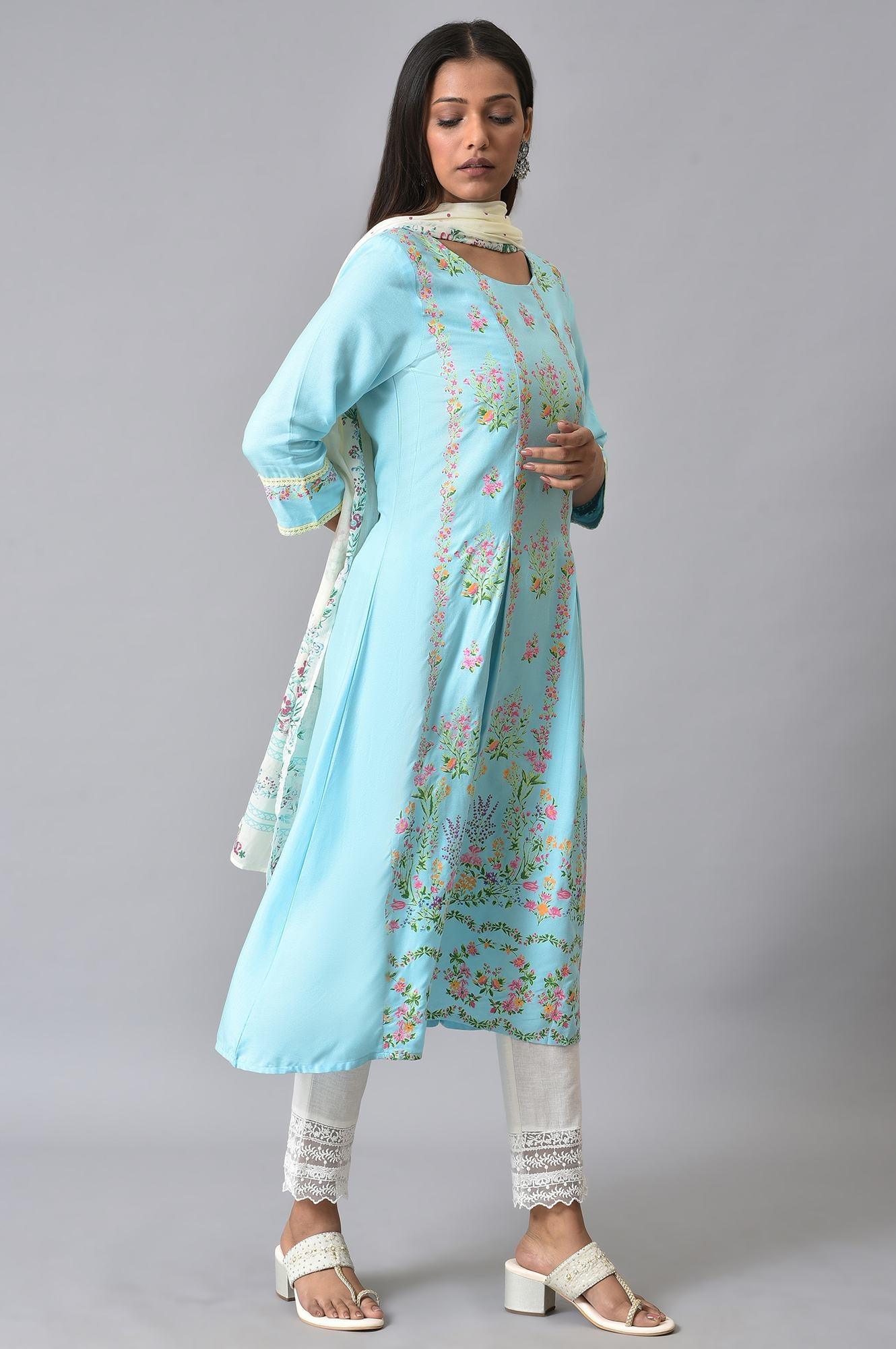 Blue Floral Printed Pleated kurta Set - wforwoman