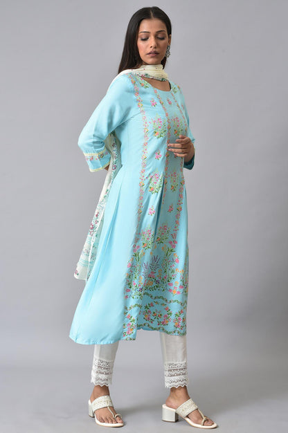 Blue Floral Printed Pleated kurta Set - wforwoman