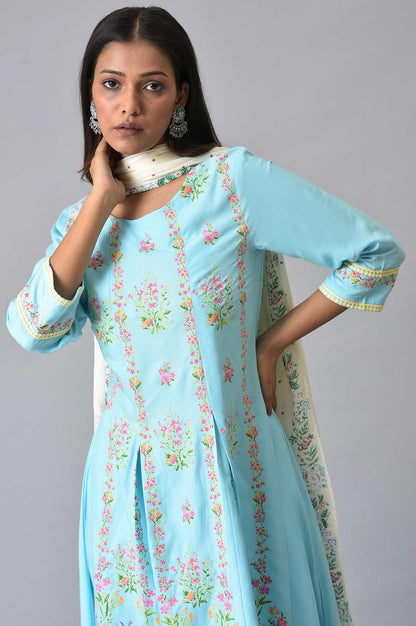 Blue Floral Printed Pleated kurta Set - wforwoman