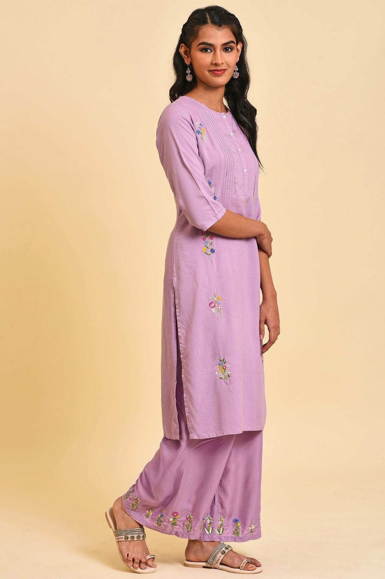 Ligh Purple Embroidered kurta Set - wforwoman