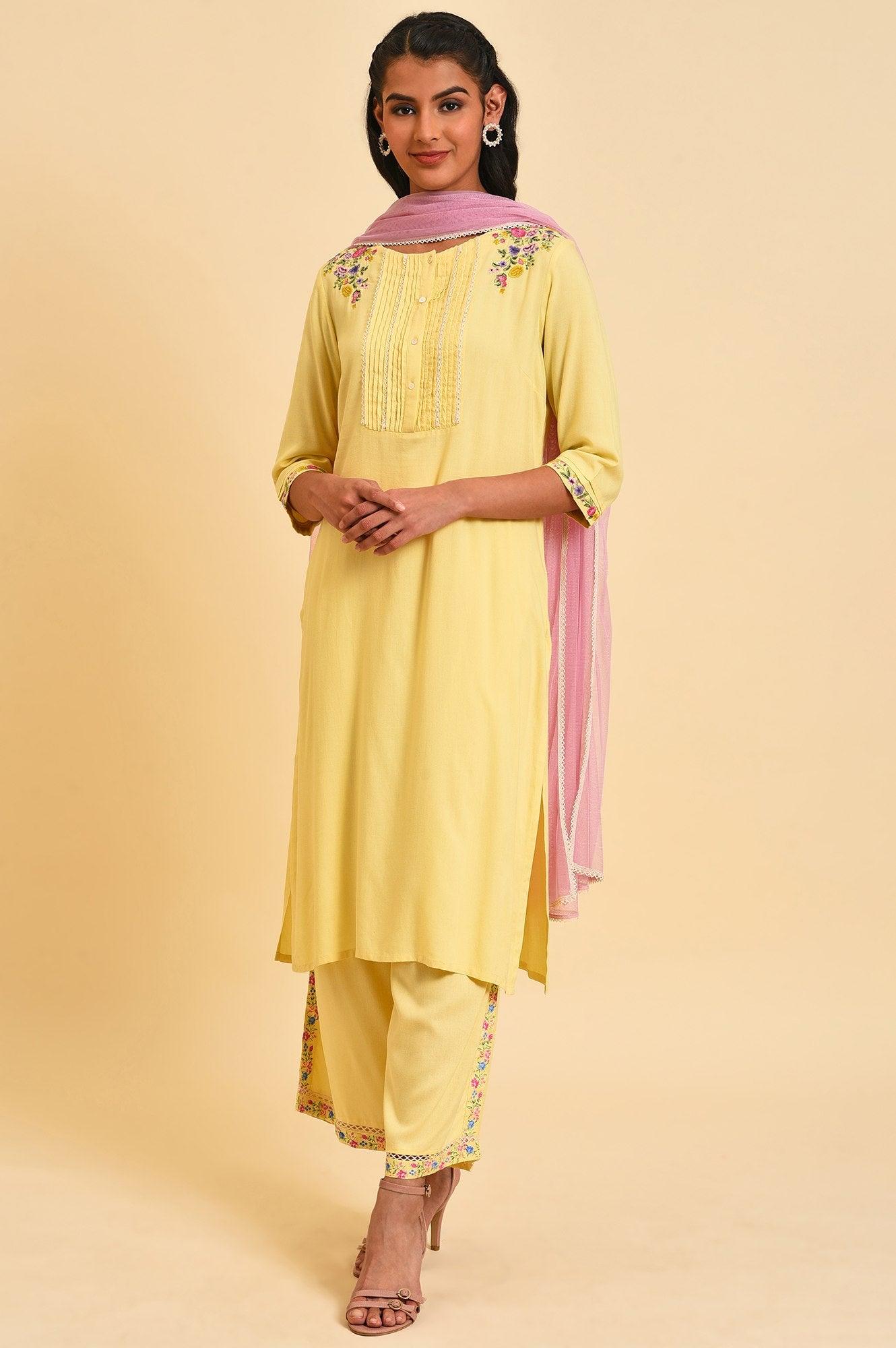 Light Yellow Embroidered kurta Set - wforwoman
