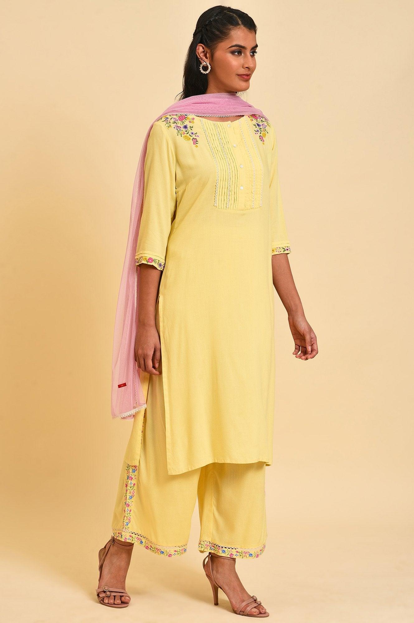 Light Yellow Embroidered Plus Size kurta Set - wforwoman
