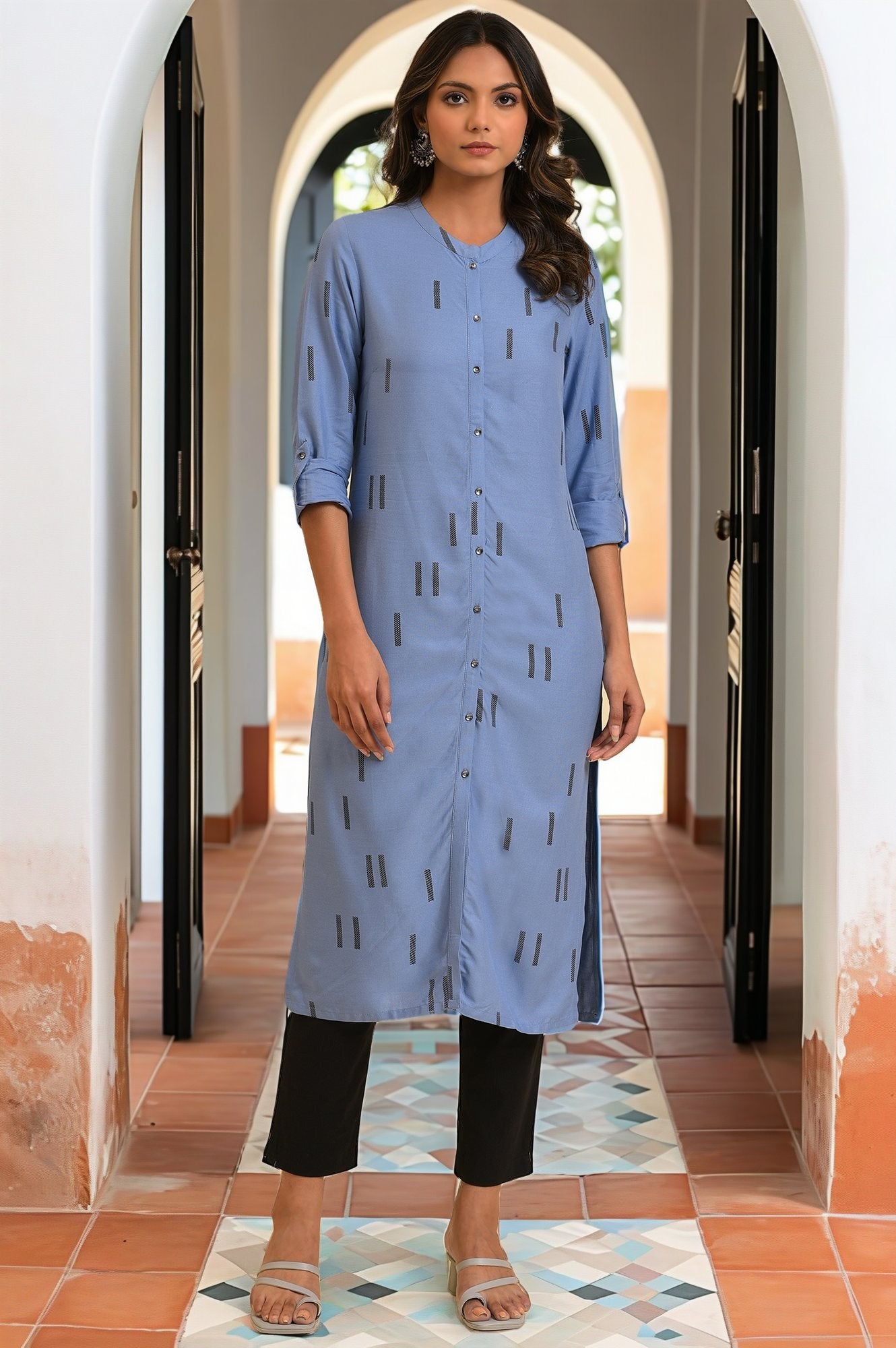 Blue Geometric Print Shirt kurta &amp; Pants Set