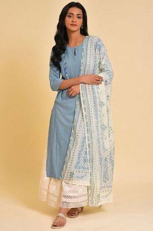 Blue Embroidered Kurta, Culottes And Printed Dupatta Set - wforwoman