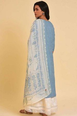 Blue Embroidered Kurta, Culottes And Printed Dupatta Set - wforwoman