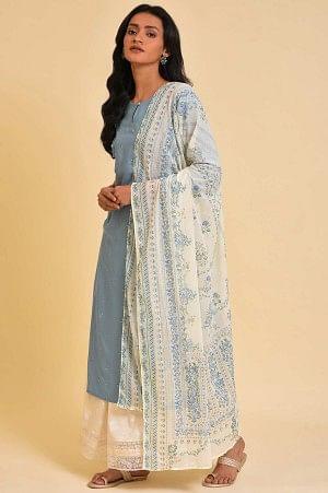 Blue Embroidered Kurta, Culottes And Printed Dupatta Set - wforwoman