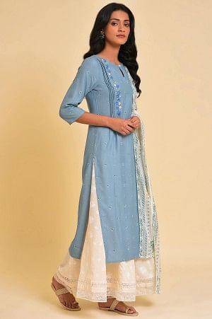 Blue Embroidered Kurta, Culottes And Printed Dupatta Set - wforwoman