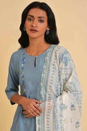 Blue Embroidered Kurta, Culottes And Printed Dupatta Set - wforwoman