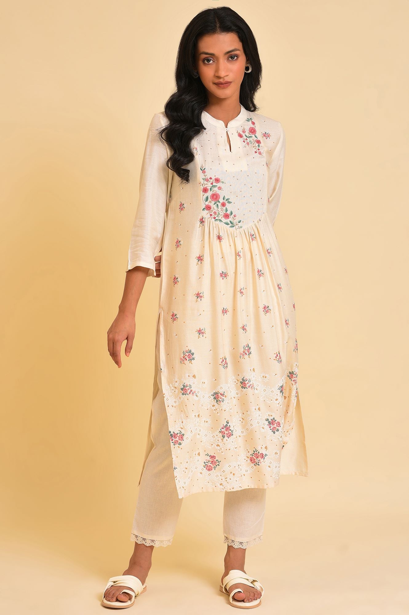 Ecru Embroidered kurta &amp; Pants Set