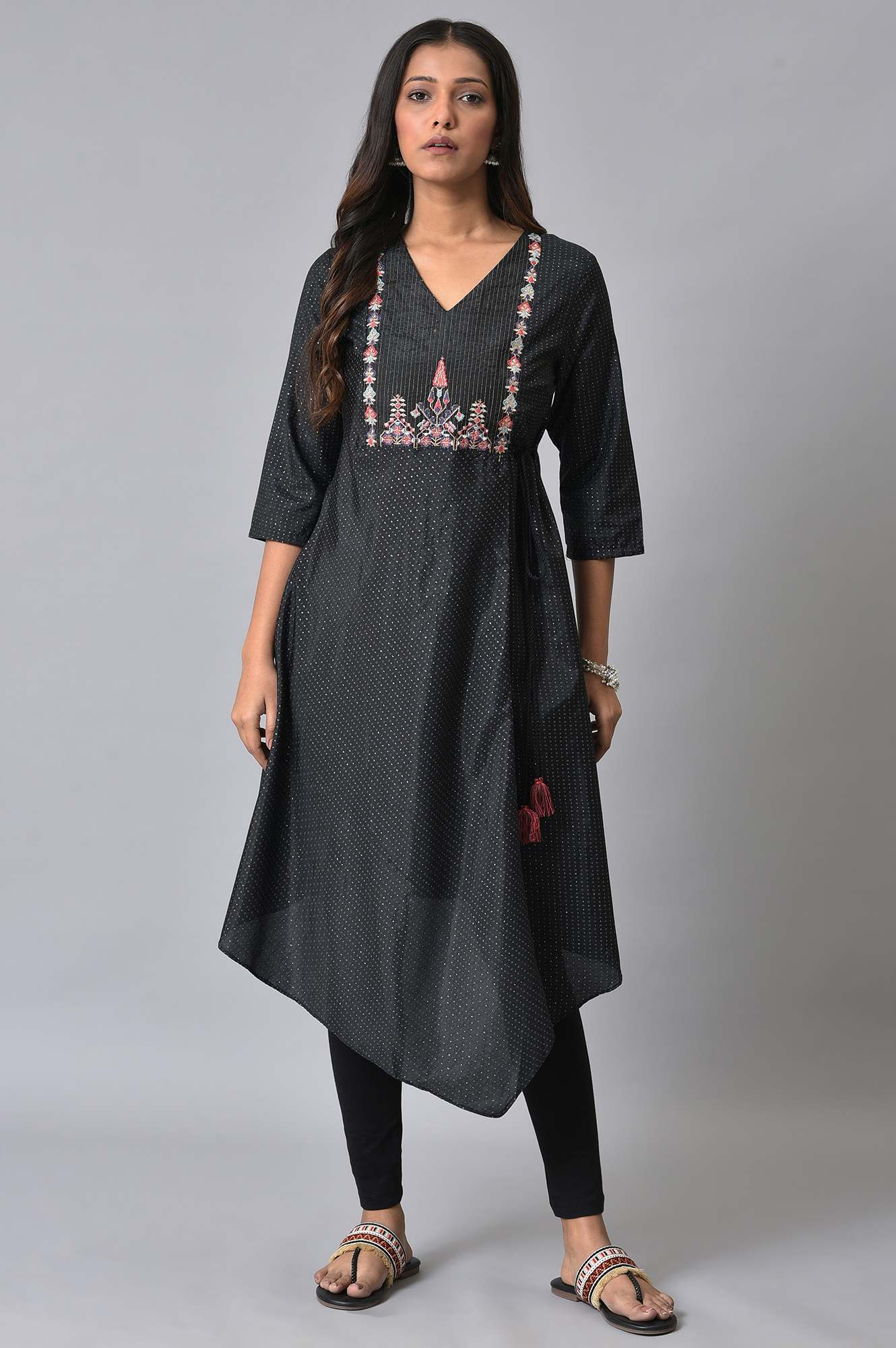 Black Embroidered Asymmetrical Kurta Set - wforwoman