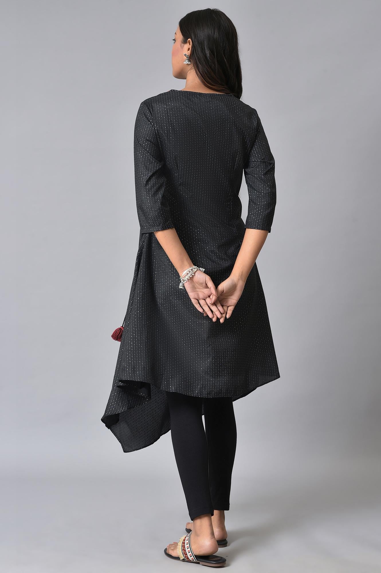 Black Embroidered Asymmetrical Kurta Set - wforwoman