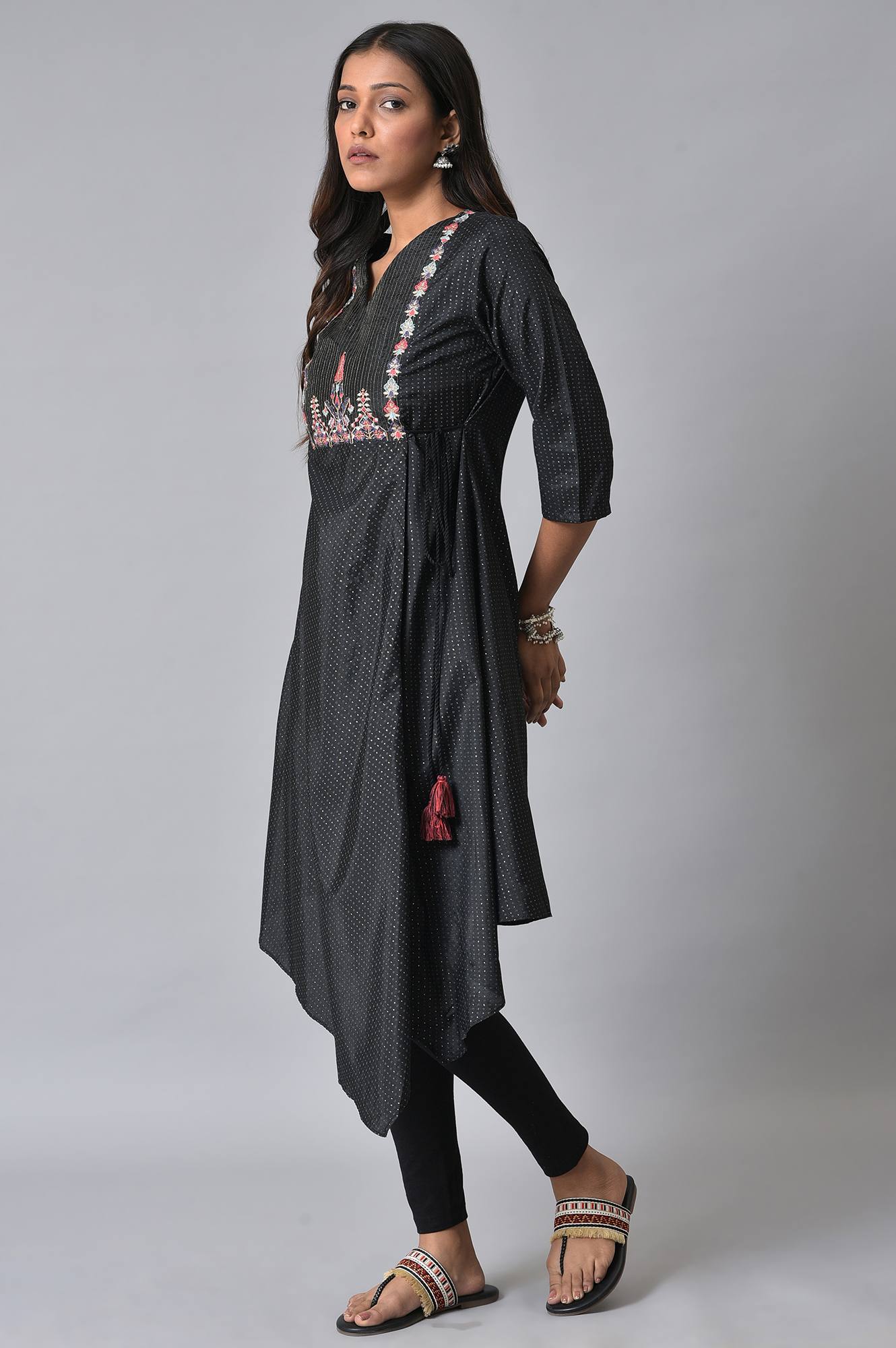 Black Embroidered Asymmetrical Kurta Set - wforwoman