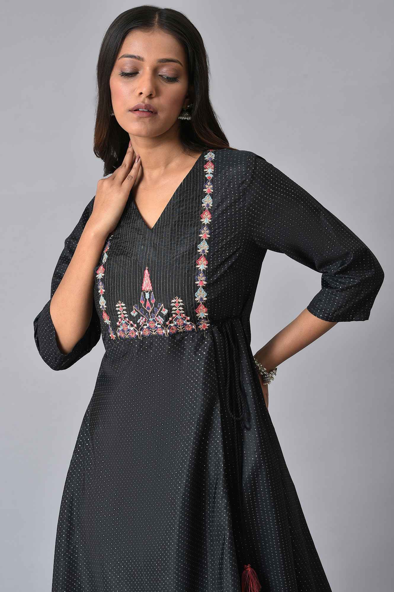 Black Embroidered Asymmetrical Kurta Set - wforwoman